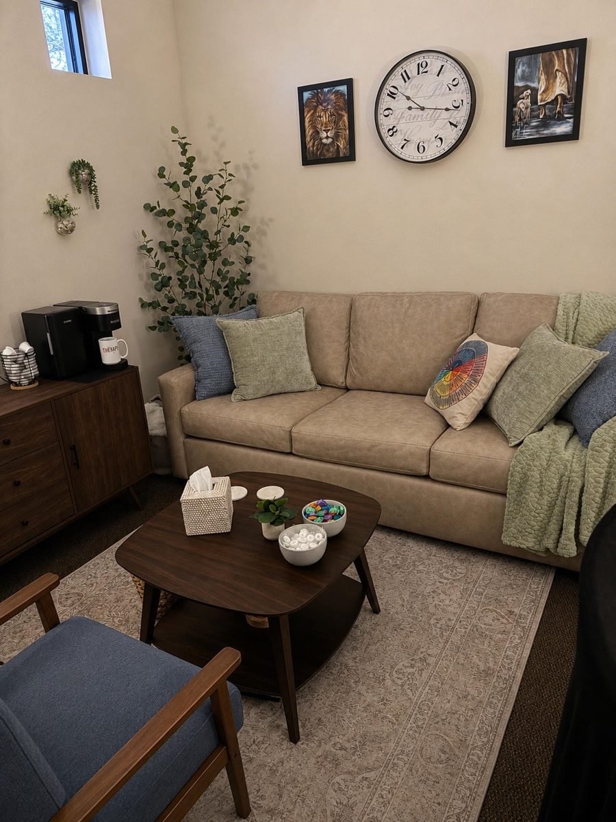 Comfortable couch in Robin's Glendale therapy office